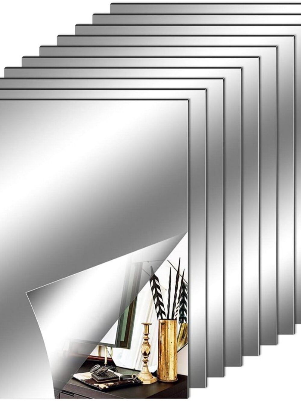10 Pieces Flexible Mirror Sheets, Self Adhesive Decorative Plastic Mirror Tiles